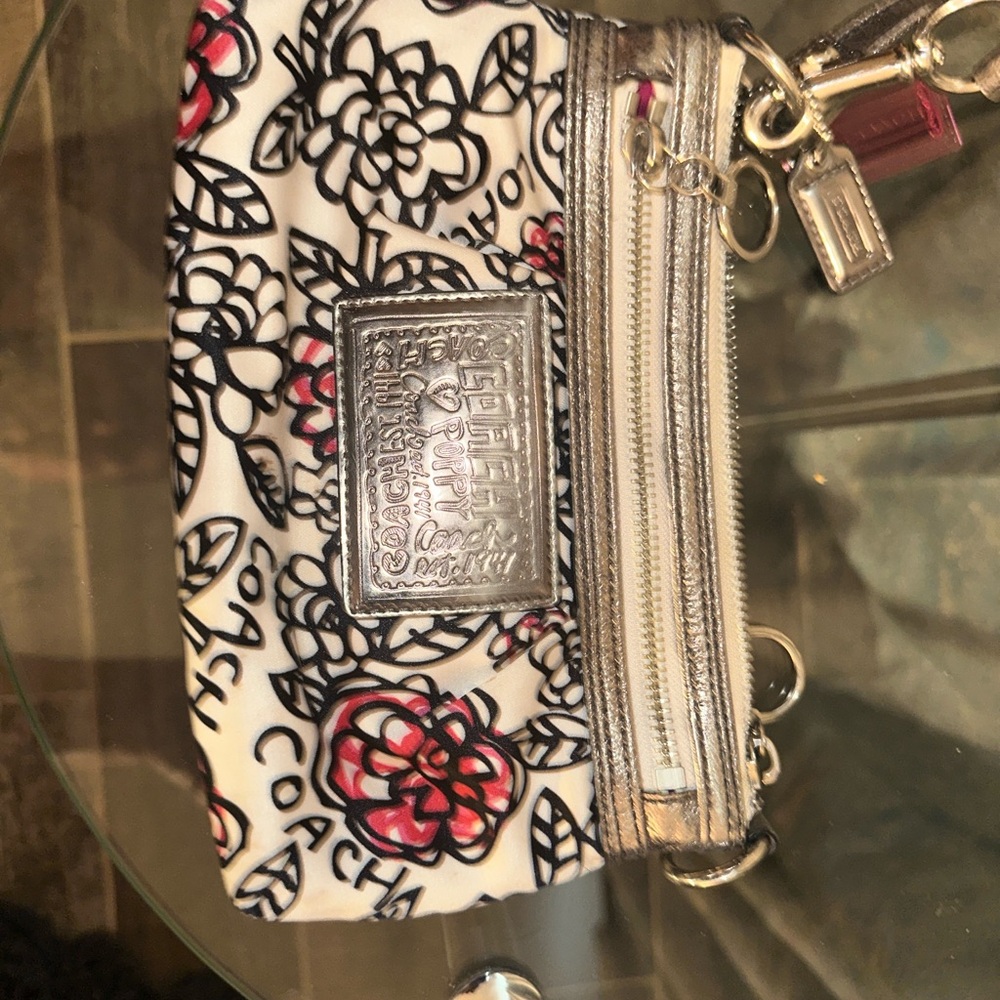 Coach Floral Wristlet - Black, White, Red, Silver